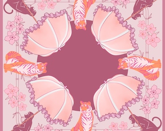 PREORDER Mauve Pale Pink Mahjong Mat with Tigers Monkeys and Umbrellas