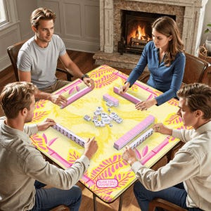 Pu&ograve; includere: Un set da gioco del Mahjong con portatessere rosa e tessere su un tavolo giallo con un design floreale rosa. Quattro persone sono sedute attorno al tavolo, che giocano in una stanza ben illuminata.