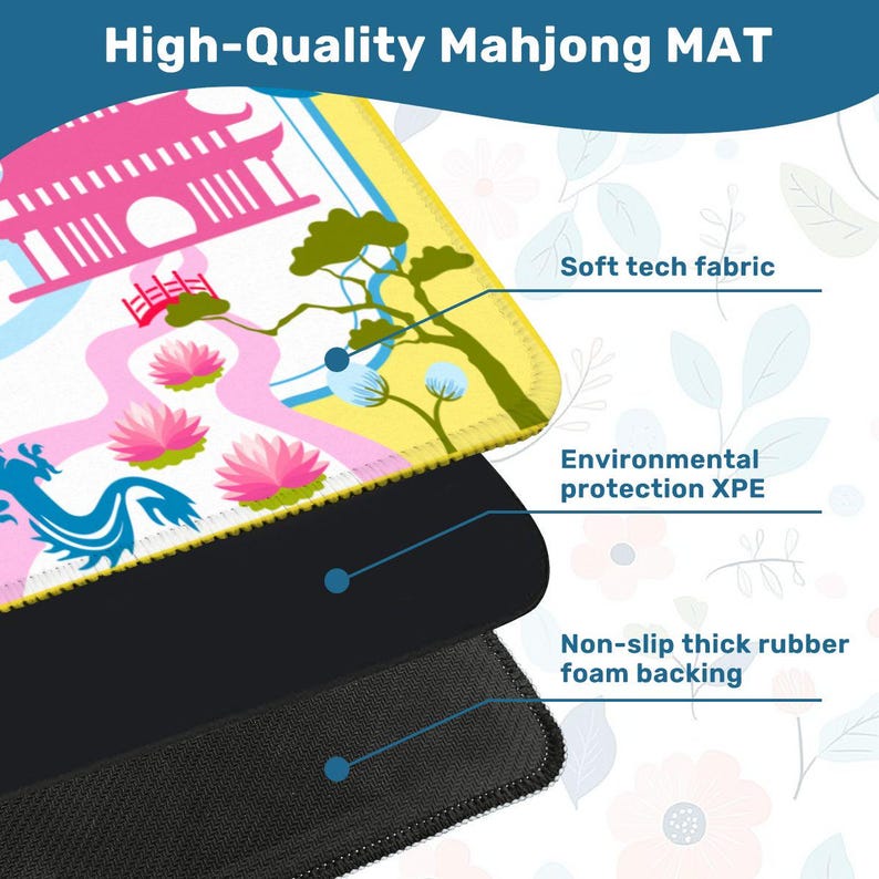 May include: A high-quality Mahjong mat with a colorful design featuring a pagoda, bridge, and lotus flowers. The mat has a soft tech fabric surface, environmental protection XPE, and a non-slip thick rubber foam backing. The text "High-Quality Mahjong MAT" is at the top.