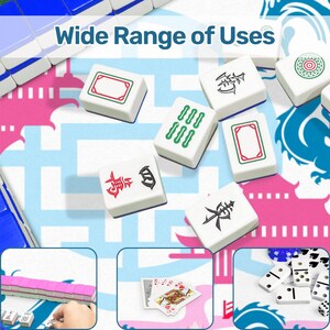 May include: A collection of white Mahjong tiles with various symbols and colored borders, arranged on a patterned surface. The image includes the text "Wide Range of Uses" at the top, and also shows dominoes and playing cards.