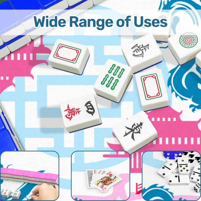 May include: A collection of white Mahjong tiles with various symbols and colored borders, arranged on a patterned surface. The image includes the text "Wide Range of Uses" at the top, and also shows dominoes and playing cards.