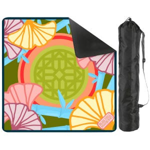 May include: A colorful Mahjong mat with a floral design in shades of orange, pink, and green, with bamboo accents. The mat is paired with a black carrying bag. The text "Bliss Hill Mahjong" is visible on the mat.