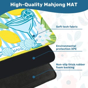 May include: A high-quality Mahjong mat with a colorful design featuring lemons, a cocktail, and seashells. The mat has a soft tech fabric, environmental protection XPE, and a non-slip thick rubber foam backing.