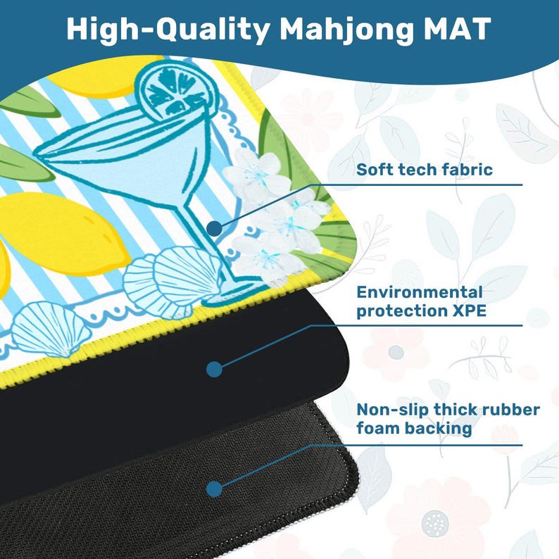 May include: A high-quality Mahjong mat with a colorful design featuring lemons, a cocktail, and seashells. The mat has a soft tech fabric, environmental protection XPE, and a non-slip thick rubber foam backing.