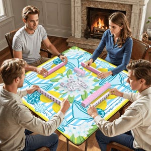 May include: Four people playing Mahjong around a square table. The table has a yellow, blue, and white floral and lemon design. Pink Mahjong tiles and racks are visible. A fireplace is in the background.