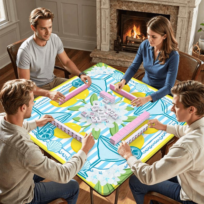 May include: Four people playing Mahjong around a square table. The table has a yellow, blue, and white floral and lemon design. Pink Mahjong tiles and racks are visible. A fireplace is in the background.