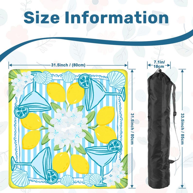 May include: A beach blanket with a lemon and cocktail design, measuring 31.5 inches (80 cm) square. The blanket has a blue and white striped background with yellow lemons, cocktail glasses, and seashell accents. Includes a black carrying bag, 33.5 inches (85 cm) long.
