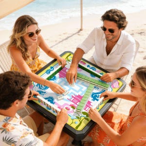 May include: A square Mahjong game table with a colorful design featuring dragons, pagodas, and floral elements. The table is surrounded by four people playing the game on a beach setting. The game pieces are white and green.