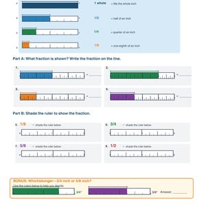 Könnte beinhalten: Ein Arbeitsblatt mit dem Titel "Brüche auf einem Lineal" mit einem Lineal-Referenzleitfaden und Bruchrechenaufgaben. Der Leitfaden zeigt Brüche wie 1/2, 1/4 und 1/8 Zoll. Das Arbeitsblatt enthält Aufgaben zum Identifizieren und Schattieren von Brüchen auf Linealen.