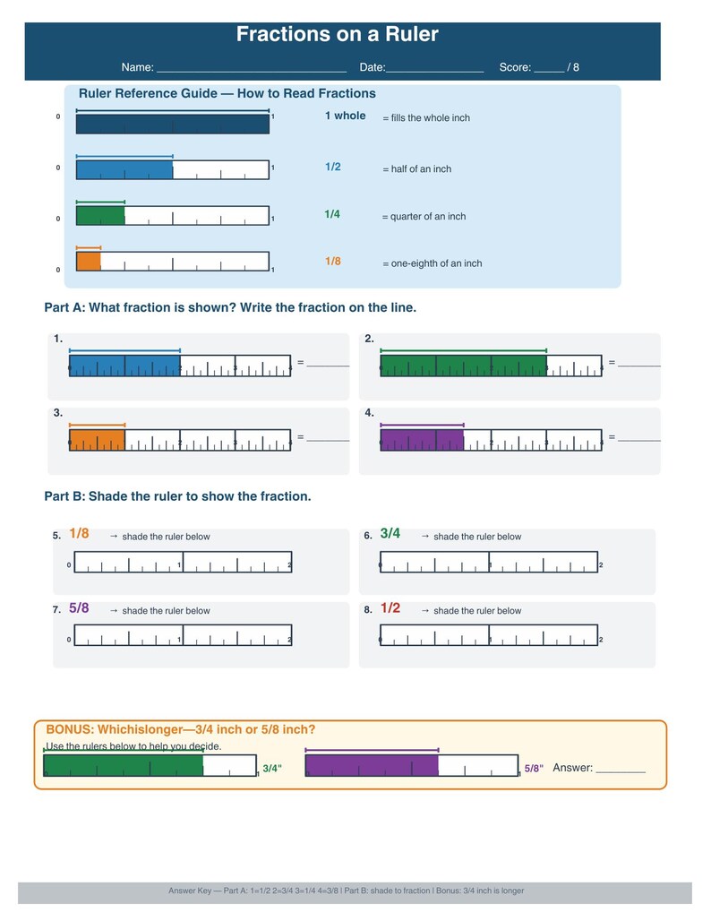 Fractions on a Ruler Worksheet - Etsy