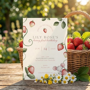 Pode incluir: Um convite de aniversário com tema de morango. O convite diz "Lily Rose's berry first birthday" com a data de 14 de junho de 2026. Uma cesta de morangos e margaridas está no fundo.