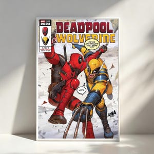 May include: Comic book cover art of Deadpool and Wolverine. Deadpool, in red, is crouched with a gun, and Wolverine, in yellow and blue, has his claws extended. The title "DEADPOOL & WOLVERINE" is in large, bold letters.