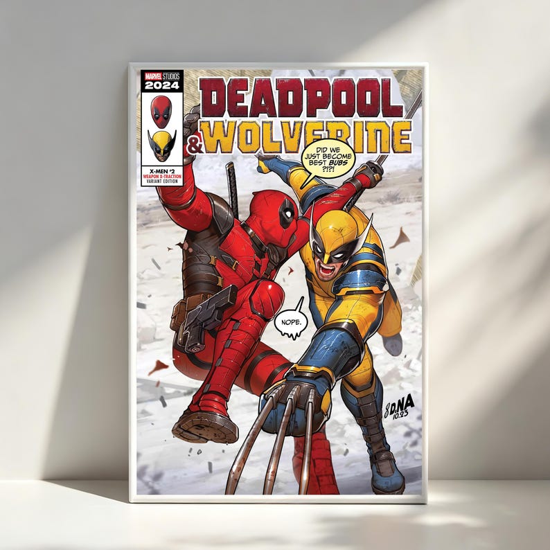 May include: Comic book cover art of Deadpool and Wolverine. Deadpool, in red, is crouched with a gun, and Wolverine, in yellow and blue, has his claws extended. The title "DEADPOOL & WOLVERINE" is in large, bold letters.