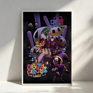 Puede incluir: Un póster que presenta The Amazing Digital Circus The Last Act con un personaje de bufón en primer plano. El fondo muestra una estructura surrealista de varios niveles con elementos morados, amarillos y azules, un suelo de damero y un farol.
