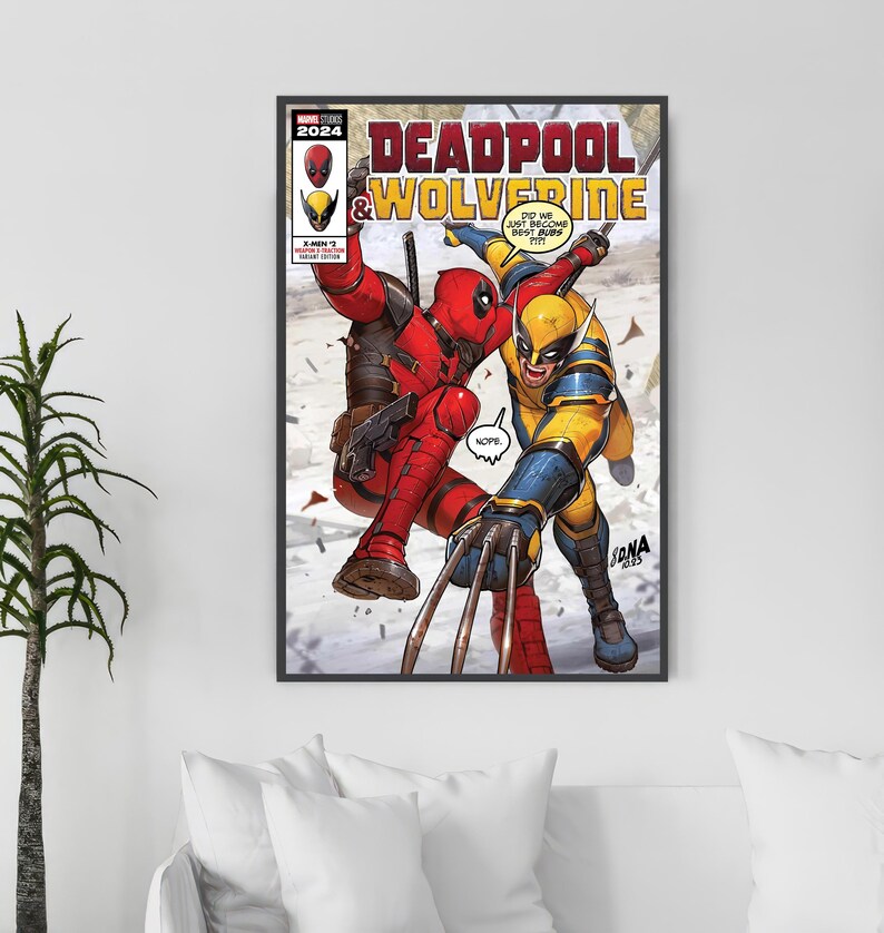 May include: Framed comic book cover with Deadpool and Wolverine. The title "Deadpool & Wolverine" is in bold lettering. The artwork depicts the characters in their signature costumes, engaged in a dynamic, action-filled pose.