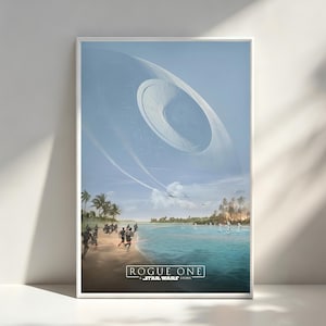 Puede incluir: Un póster de película vertical de Rogue One: A Star Wars Story que muestra una gran estación espacial sobre una playa tropical con soldados corriendo por la arena y el agua azul poco profunda bajo un cielo brillante.