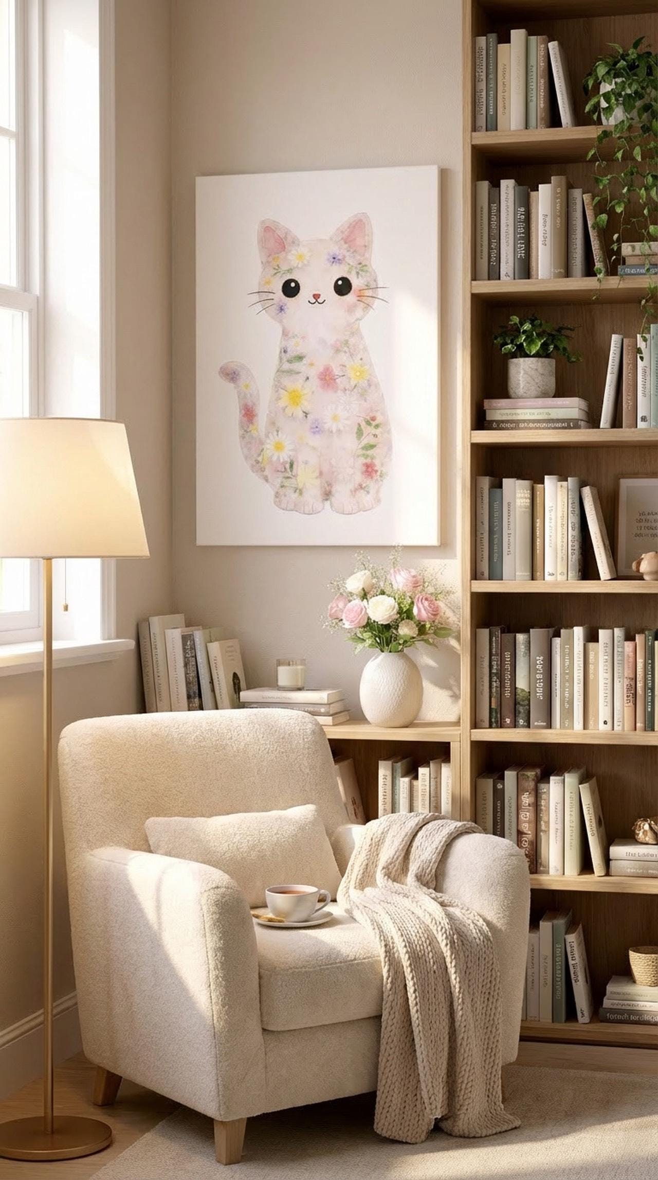Floral Cat Wall Art Print | Pastel Flower Kitty | Kids Room and Nursery ...