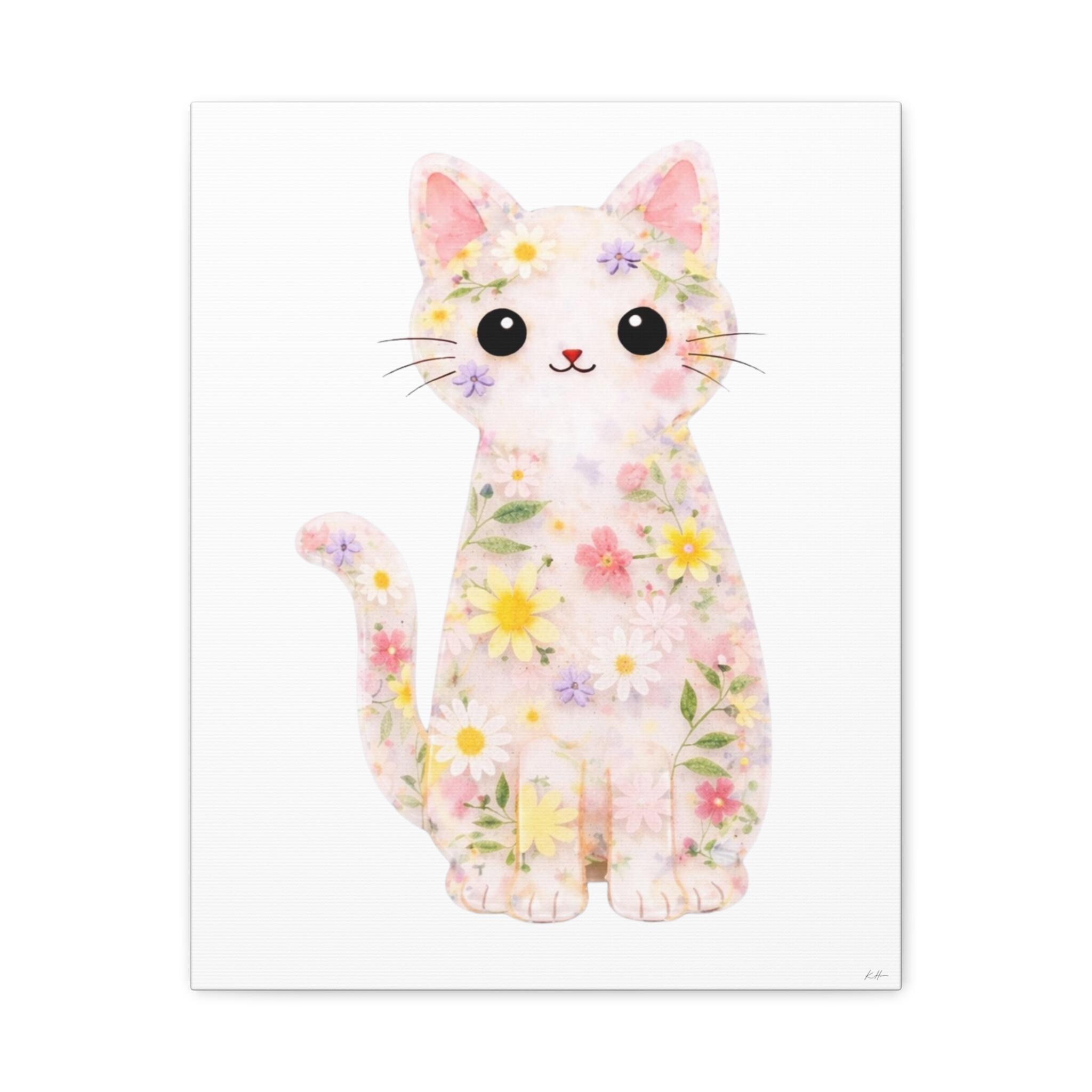 Floral Cat Wall Art Print | Pastel Flower Kitty | Kids Room and Nursery ...