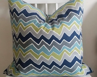 Vineyard Chevron - Coussin d’oreiller décoratif Cover - Throw Pillow - Zigzag - Bleu, Moutarde, Gris