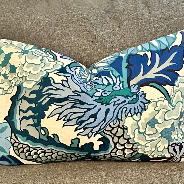 Schumacher- Exuberant Chiang Mai Dragon Blue Pillow Covers - Indoor Outdoor