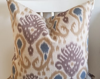 Lucette Ikat Floral In Natural by willowlanetextiles Floral Tan Rectangle Lumbar Throw Pillow by Spoonflower Neutrals Accent Pillow