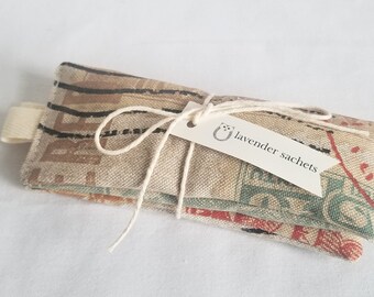 Lavender Sachet Set - Handmade Hostess Gift - 2 Sachets - Natural Dried Lavender - Vintage colors - Stamp - Travel