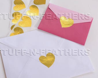 GOLD HEART sticker seals embossed metallic foil stickers, Envelope Seals, Invitation Seals, Wedding Seals, gift wrapping seal / D19