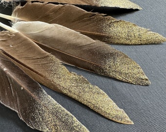 Gold Tip feather painted glittery feathers loose, natural real duck feather for millinery, wedding decor party decoration, 6-8 in / F172GLIT