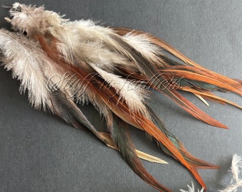 Natural Rooster SADDLE feathers - Loose Long FURNACE brown feathers for millinery, crafts, hair, accessories 6-8 in long, 12 pcs /F90-6L