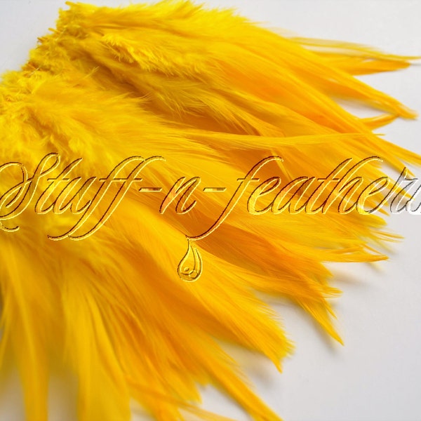 Yellow rooster saddle feathers for hair extensions, jewelry making, accessories, crafts, fishing, 4-5 in (10-12.5 cm) long / F136-4
