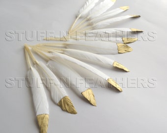 GOLD dipped feathers natural white, metallic gold hand painted loose duck feathers gold tip / 4.5-6 in (11.5-15 cm) long, 12 pcs /F120-4.5G