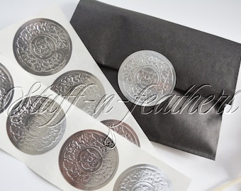 Embossed SILVER sticker seals LARGE round foil stickers 2 in, Envelope Seals, Invitation Seals, Wedding Seals, gift wrapping seal / D15S