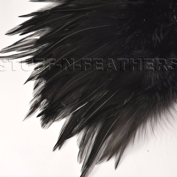 BLACK rooster saddle feathers for millinery, fly fishing, fascinators, boutineers, crafts, real feathers, 5-7 in (10-18 cm) long / F140-5