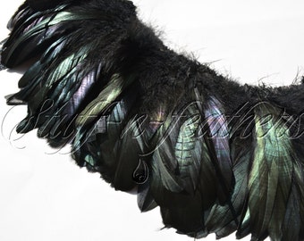 Wholesale / bulk feathers - IRIDESCENT Black rooster coque feathers, real rooster tail feathers strung for millinery, crafts, DIY / FB56-5