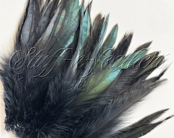 IRIDESCENT Black feathers rooster schlappen / saddle feathers, real feathers for millinery, crafts, costumes, headdress / 6-7 long / F54-6