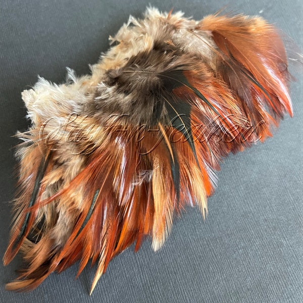 Small Rooster SADDLE feathers, real feathers - natural FURNACE brown feather for millinery, crafts, jewelry earring making 3-4 in long/F90-3