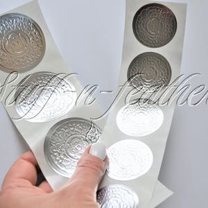 SILVER foil sticker seals SMALL round embossed stickers 1.5 in Envelope Seal Invitation Seal Wedding Seal gift Christmas cards / D15SS image 2