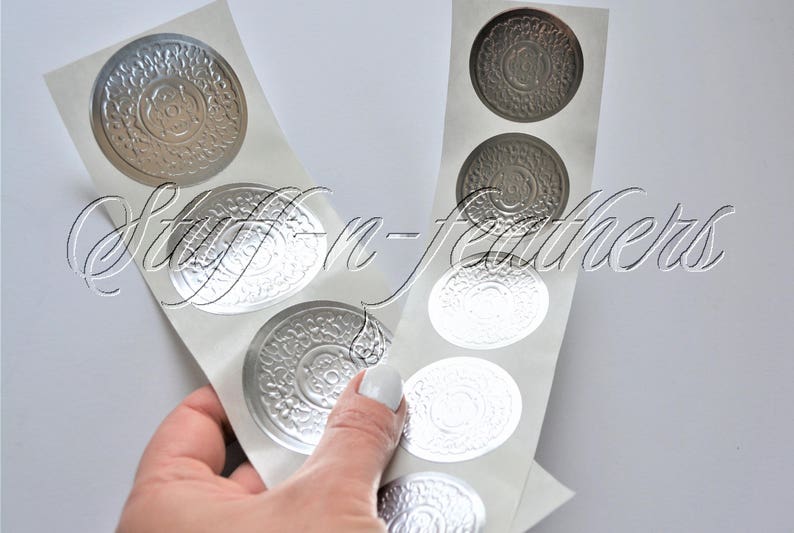 SILVER foil sticker seals SMALL round embossed stickers 1.5 in Envelope Seal Invitation Seal Wedding Seal gift Christmas cards / D15SS image 2