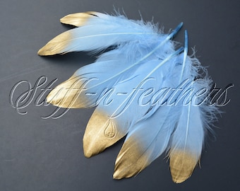 Gold Dipped feathers - Baby Blue GOOSE feathers with Gold Tips loose for millinery, crafts, wedding, 5-8 in (12.5-20 cm), 6 pcs / F195-6G