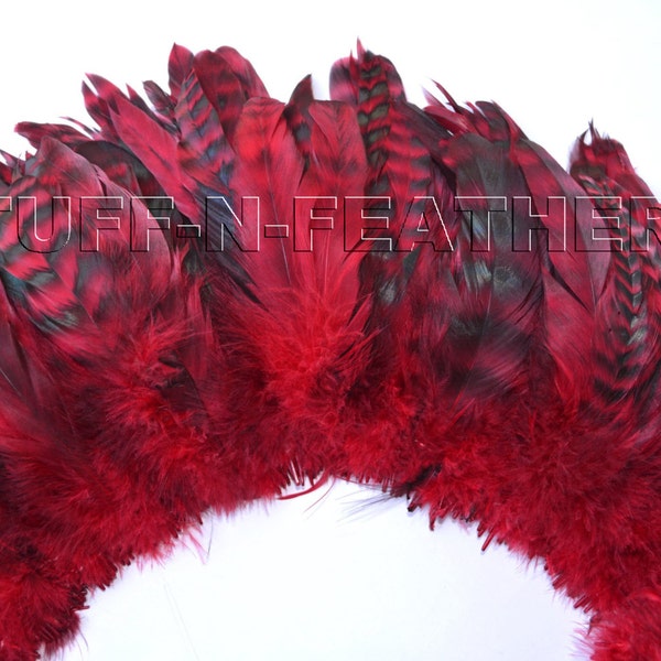 Wholesale / bulk feathers Red chinchilla rooster tail feathers, red black coque feathers strung millinery / 5-8 in (13-20cm) long / FB160-5