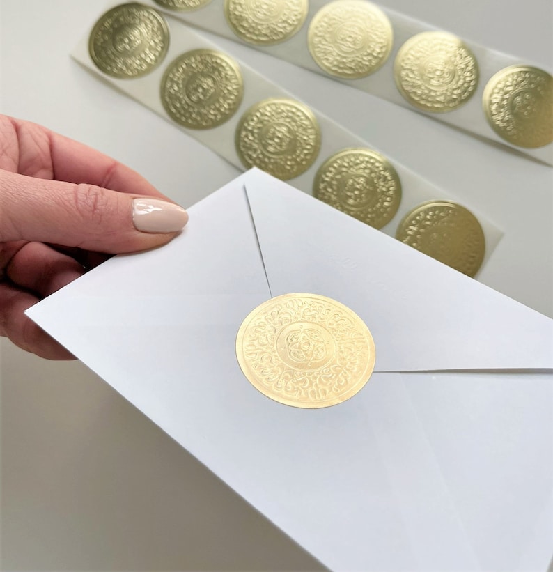 GOLD foil sticker seals SMALL round embossed stickers 1.5 in Envelope Seal Invitation Seal Wedding gift, gold seals, gold stickers / D15SG image 6