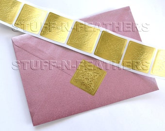 GOLD Square sticker seals, embossed metallic foil stickers, holiday Christmas cards Envelope Seals, wedding seals, gift wrapping seal /D18