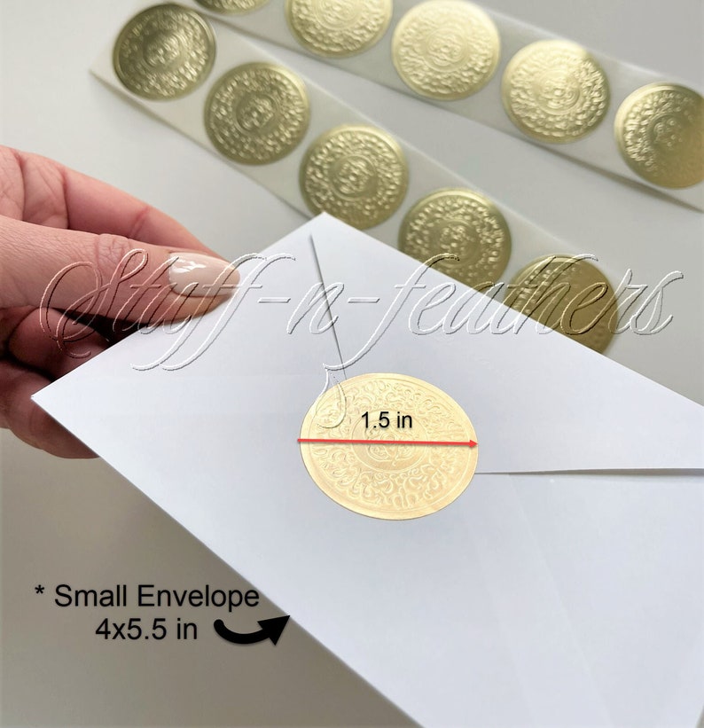 GOLD foil sticker seals SMALL round embossed stickers 1.5 in Envelope Seal Invitation Seal Wedding gift, gold seals, gold stickers / D15SG image 4