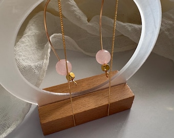 Gold Plated Rose Quartz Curve Drop Earrings | Long Chain Gemstone Statement Jewelry