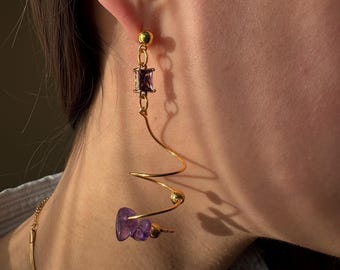 Gold plated swirl drop earrings | Strawberry quartz or amethyst gemstone earrings | Hypoallergenic statement jewellery