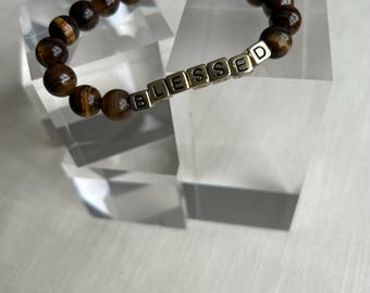 Tiger's Eye Beaded Bracelet | 10mm Custom Gold Letter Stretch Bracelet