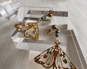 Gold filigree moth drop earrings