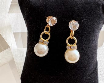 Gold plated pearl drop earrings with crystal studs