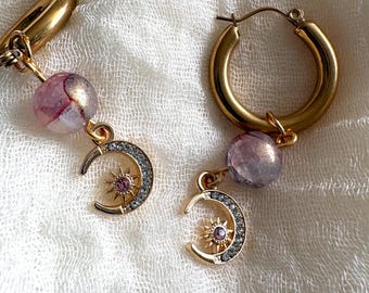 Gold moon charm hoop earrings