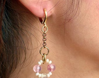 Blush Pink Glass Bead Drop Earrings, 14k Gold Plated Hoops, Ivory Seed Beads, Crystal